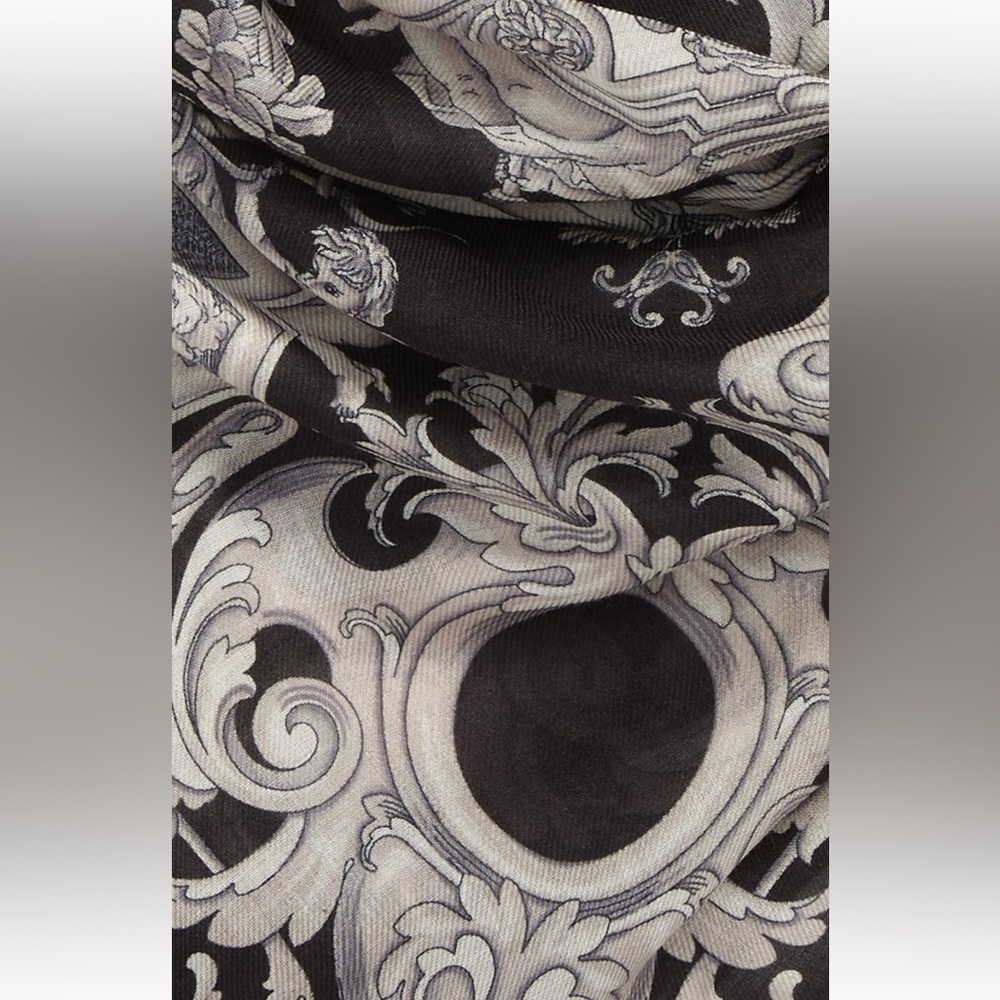 Versace Black & White Baroque Print Wool & Silk Scarf 52" square - Picture 2 of 6
